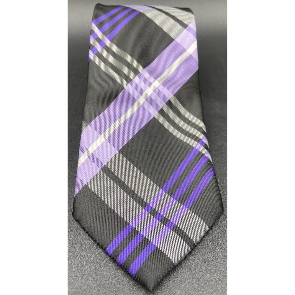 Vtg Colours Alexander Julian Luxury Tie Purple Black Strips 3x58 Pattern Necktie